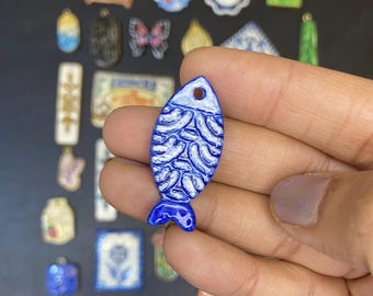 Hand-Painted Air Dry Clay Fish Charm Pendant, Textured Cobalt Blue Ocean Necklace Charm