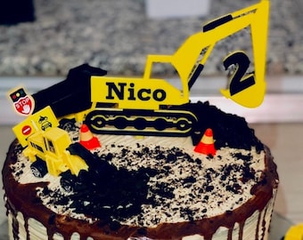 Caketopper Baustelle Bagger mit Namen und Alter - Tortenaufsatz personalisiert Baumaschinen