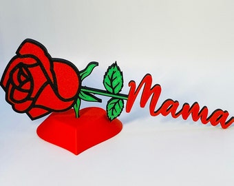 Rose zum Muttertag -  Ewige Rose mit Schriftzug Mama und Herz Standfuß