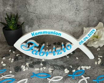 Kommunion Fisch mit Namen und Datum - Zur Firmung / Konfirmation / Ichthys in 3 Größen
