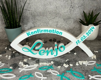 Konfirmation Fisch mit Namen und Datum - Kommunion / Zur Taufe / Ichthys in 3 Größen