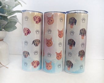 Custom Watercolor Pet Wrapped 20oz Tumbler - Sublimated wrapped Tumbler- Gift for Dog Mom- Gift for Cat Mom- dog cup with photo