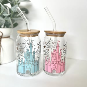 Fireworks Castle Wrapped Can Glass - Magical Bamboo Lid Glass Can - Custom Disney Glass Tumbler - Custom Iced Coffee - Gift for Disney Lover