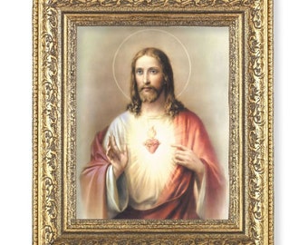 Sacred Heart of Jesus Art Print with 12 1/2" x 14 1/2" Ornate Gold Leaf Antique Frame Catholic Wall Decor