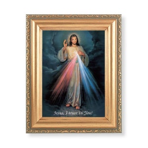 Jesus Divine Mercy Print with 5 1/2" x 7" Antique Gold-Leaf Finished Frame with Acanthus-Leaf Catholic Wall Decor