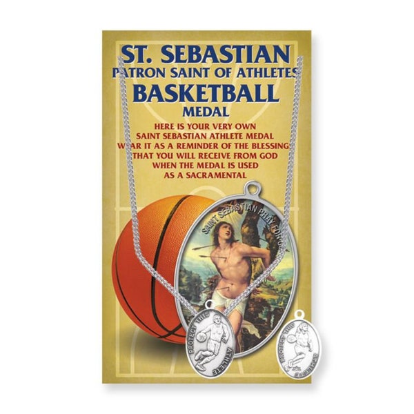 Saint Sebastian Mens Basketball Genuine Pewter Medal on a 24" Chain with Biography and Picture Folder Catholic Gifts