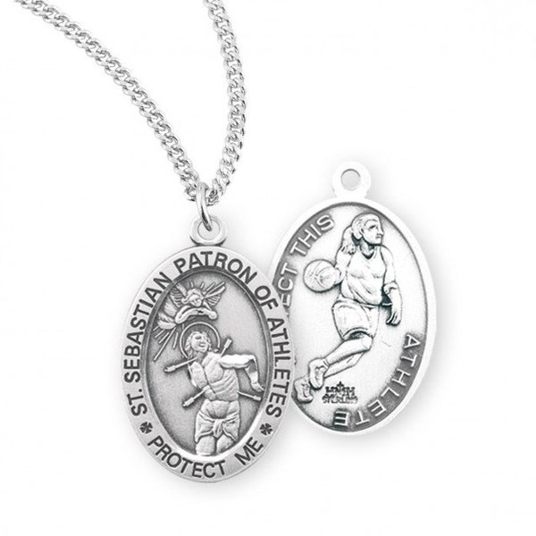 Saint Sebastian Oval Sterling Silver Basketball Female Athlete Medal Catholic Gifts