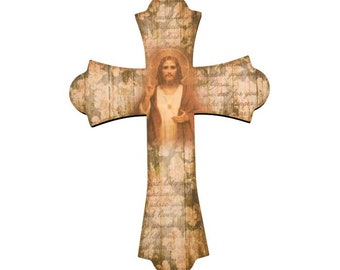 Wall Cross Sacred Heart of Jesus 10" Laser Cut Wood Vintage Cross Catholic Wall Decor