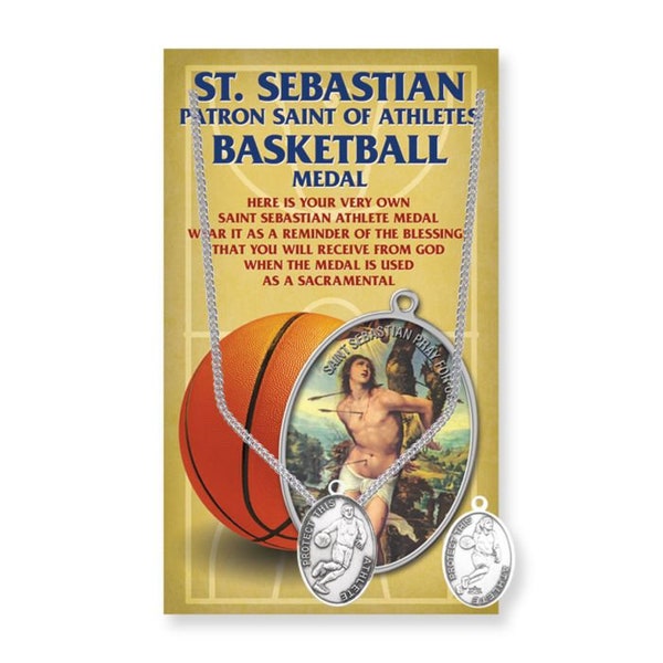 Saint Sebastian Womens Basketball Genuine Pewter Medal on a 18" Chain with Biography and Picture Folder Catholic Gifts