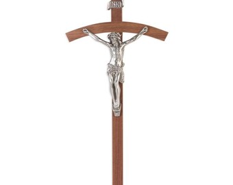 Wall Crucifix 10" Walnut Wood Crucifix with Antiqued Fine Pewter Corpus Catholic Wall Decor