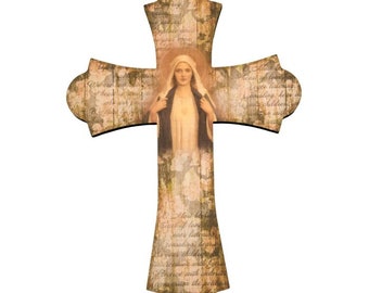 Wall Cross Immaculate Heart of Mary 10" Laser Cut Wood Vintage Cross Catholic Wall Decor