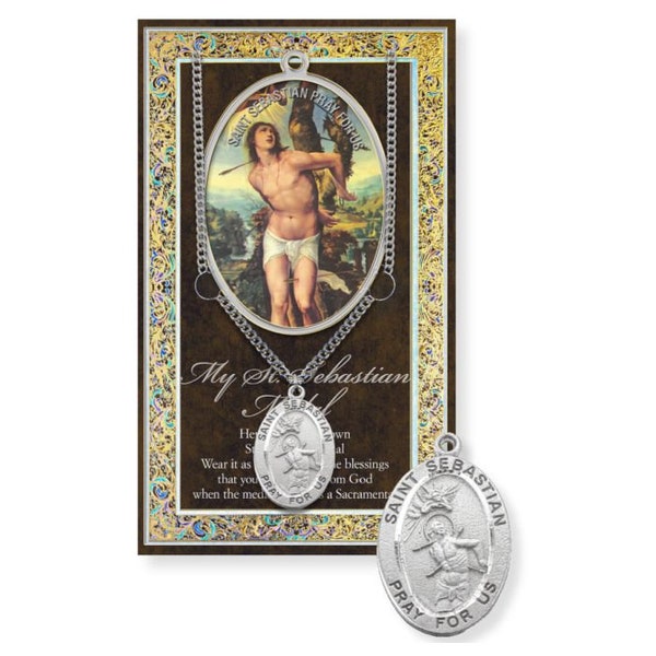 Saint Sebastian Genuine Pewter Medal on a 24" Chain with Biography and Picture Folder Catholic Gifts