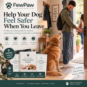 May include: A digital guide set titled The Complete Dog Anxiety Guide, featuring a 7-day training plan, printable support system, and bonus audio. The promotional graphic includes text about reducing separation anxiety, a golden retriever, and a person.