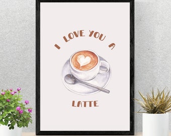 Peut inclure: Une impression encadrée avec une illustration aquarelle d'un latte avec un motif en forme de cœur dans la mousse. Le texte "I love you a latte" est écrit en lettres brunes.