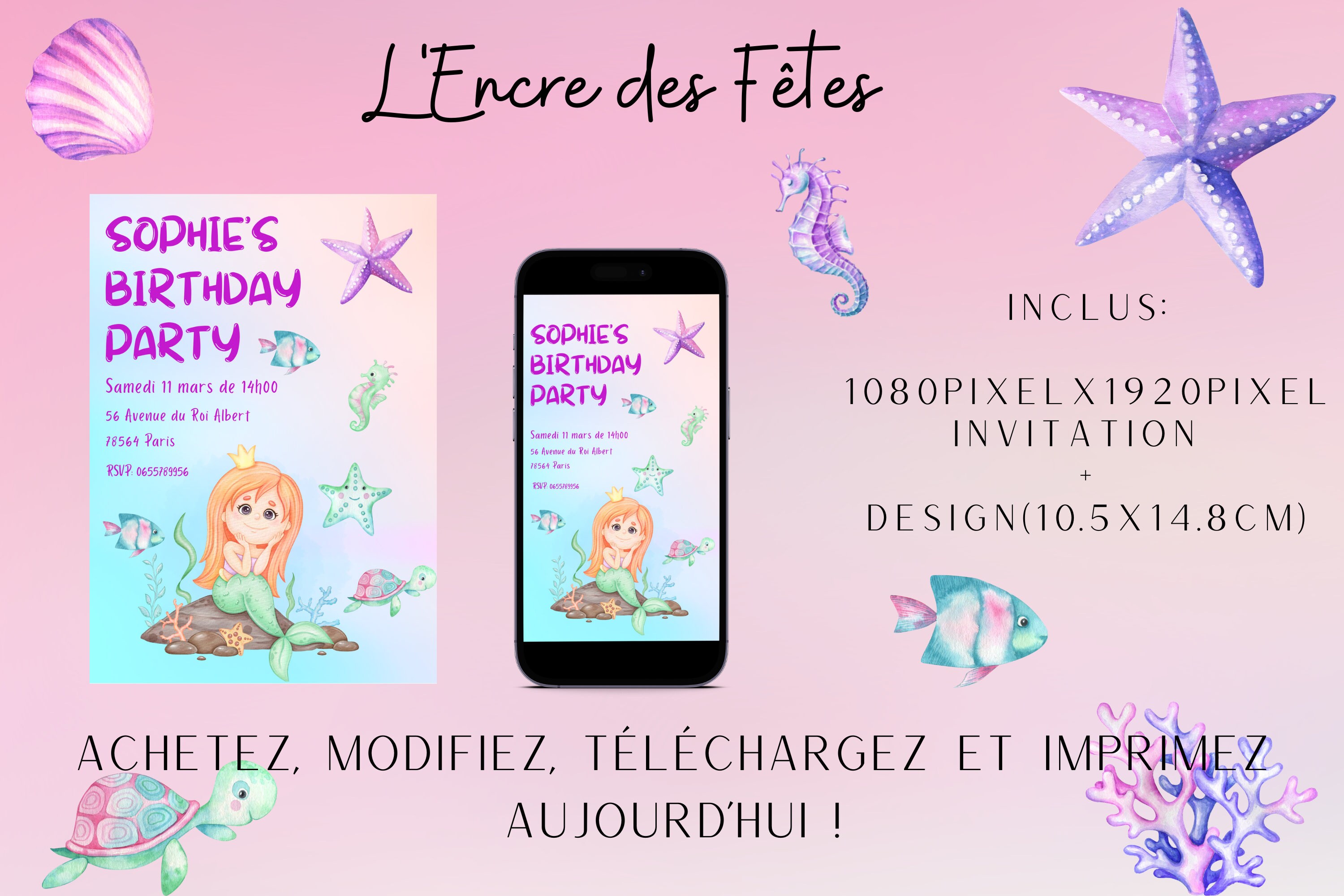 Carte d'invitation d'anniversaire Thème sirène V2, Modèles d'impression Y  compris : content et invitation - Envato Elements