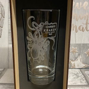 Personalised kraken rum glass, glass and gift box rum gifts set