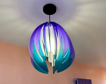 Two-Tone Tulip Pendant Light: Purple & Teal Feathered Lampshade