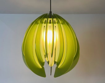 Large Feathered Green And Yellow Tulip Lamp Shade - Avocado | 70's Vintage Style Pendant Light | Petal | Bedroom, Livingroom | Maximalist