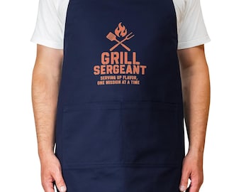Personalized Funny Apron for Men Who Grill – Grill Sergeant Cooking Apron with Quote – Durable Cotton Twill BBQ Apron Gift for Husband o