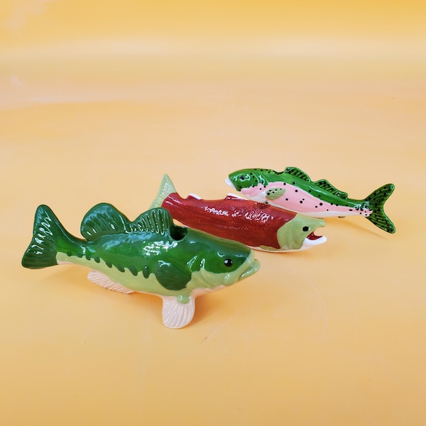 Birthday Candle Holder Fish - Bass - Salmon - Rainbow Trout - Slip Cast Ceramic Bisqueware - Ready To Paint - Unfinished or Customizable