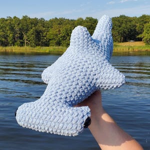 Könnte beinhalten: Ein hellblau gehäkelter Hammerhai-Plüschtier. Der Hai hat eine strukturierte Oberfläche und schwarze Augen. Das Plüschtier wird vor dem Hintergrund von Wasser und Bäumen gehalten.