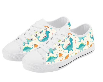 Dinosaur Sneakers, Blue Dinosaur Shoes, Dinosaur Lover Gifts, Cute Dinosaur Low Tops for Women, Kids, Youths, Children, Boys, Girls