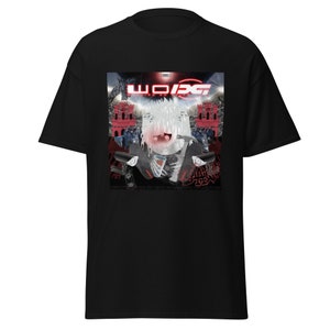 May include: Black t-shirt with a graphic print of a cartoon character with white hair and a red background. The text "WO/DG" is printed in red on the graphic.