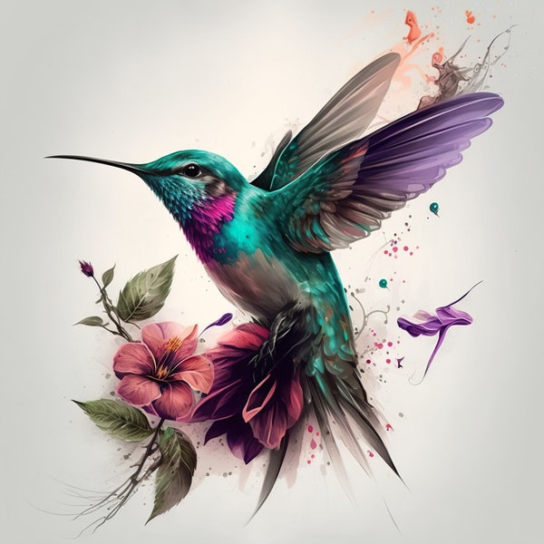 Digital Art Download | Watercolor Painting Style | Hummingbird | Hover | Nature Scene | Flower | Bloom | Printable | Original | Contemporary