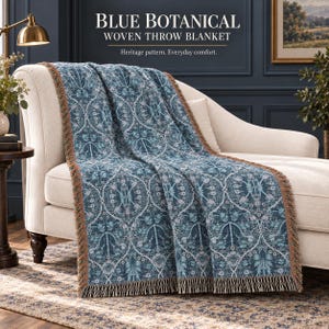 May include: A woven throw blanket featuring a blue botanical pattern with intricate floral motifs and a fringed edge. The text on the image reads: BLUE BOTANICAL WOVEN THROW BLANKET. Heritage pattern. Everyday comfort. The blanket has a dark blue base.