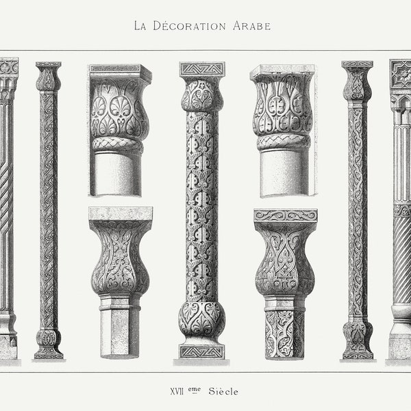 Architectural Vintage Print | Arabesque | Columns | Lithography Plate | Arabian Pillars | Ink Drawing | Digital Download | Printable Art |