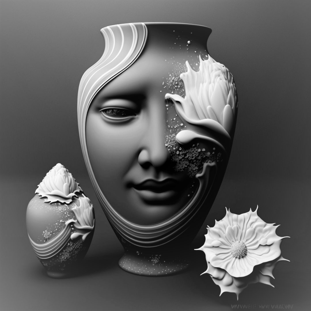 Digital Print Downloadable Art Black and White Vases With Flowers