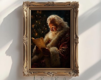 Santa Claus Reading Art, Christmas Printable Wall Decor, Vintage Holiday Digital Download