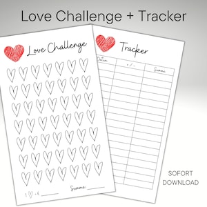 Può includere: Sfida e tracker d'amore stampabili con una grafica a forma di cuore rosso. Il foglio della sfida ha 50 cuori da colorare e il foglio del tracker ha colonne per la data, più o meno e una somma.
