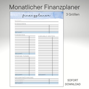 Planificador financiero mensual en tres tamaños - azul