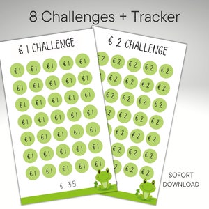 Può includere: Due fogli stampabili con cerchi verdi che contengono numeri e il testo "€ 1 CHALLENGE" e "€ 2 CHALLENGE". I fogli sono progettati per tenere traccia dei progressi verso un obiettivo, con 35 cerchi sul primo foglio e 20 cerchi sul secondo foglio. I fogli presentano una rana di cartone animato in basso.