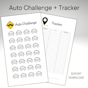 Può includere: Tracker di sfida auto stampabile in bianco e nero con un cartello stradale sinuoso giallo e nero. Il tracker ha 36 icone di auto da colorare e una sezione per tenere traccia delle date e del chilometraggio.