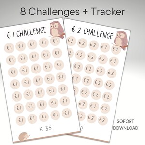 8 savings challenges in a set + tracker for A6 budget binders - hedgehog & owl