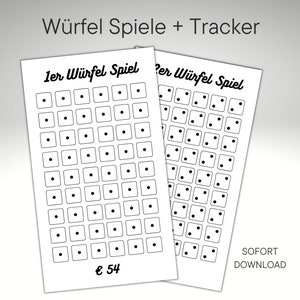 Può includere: Due fogli stampabili in bianco e nero per un gioco dadi e un tracker. I fogli hanno una griglia di quadrati con punti che rappresentano i tiri dei dadi. Il testo sui fogli dice "1er Würfel Spiel" e "2er Würfel Spiel". Il testo in fondo al foglio dice "€ 54" e "SOFORT DOWNLOAD".