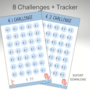 Può includere: Due fogli di adesivi stampabili per un tracker di sfide. Gli adesivi sono blu con cerchi bianchi e il testo "€1" o "€2" all'interno dei cerchi. I fogli hanno un'illustrazione di sirena in basso. Il testo "€ 1 CHALLENGE" e "€ 2 CHALLENGE" è in alto su ogni foglio. Il testo "€ 35" è in basso sul foglio sinistro. Il testo "SOFORT DOWNLOAD" è in basso sul foglio destro.