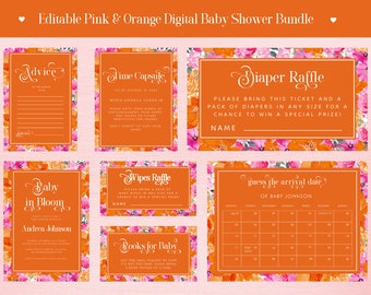 Editable Pink Orange Baby Shower Bundle - DIY Floral Baby Shower Bundle Template - Digital Printable Baby Shower Games and Invitations