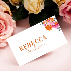 Marque-place floral blanc rose orange - carte de nom de mariage jardin d'été numérique - marque-place de mariage motif floral bricolage, modifiable imprimable