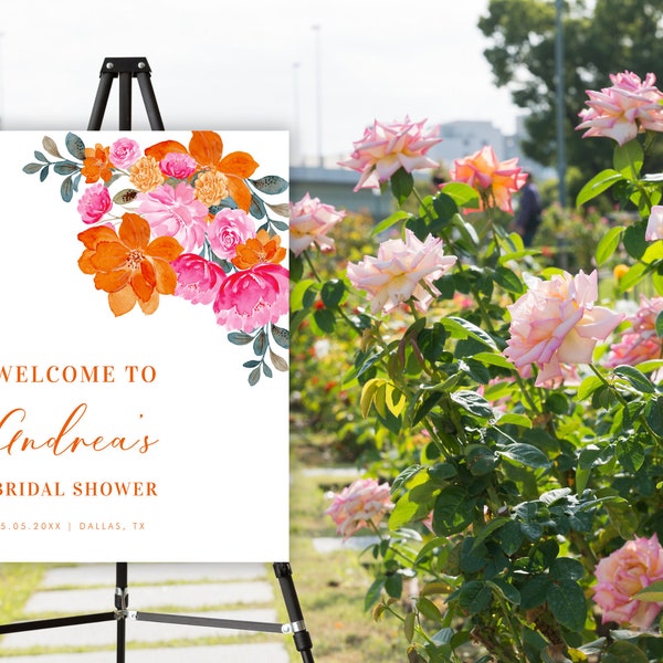 Panneau de bienvenue numérique rose et orange pour la douche nuptiale florale d'été, panneau de bienvenue botanique botanique printanier de fleurs fraîches vibrantes de jardin, script élégant