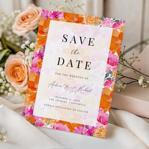 Invitación de boda en tonos rosa pálido y naranja - Jardín de verano en flor - Invitación floral en acuarela - Plantilla digital editable