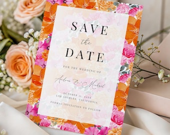 Light Faded Pink Orange Wedding Save the Date - Blooming Summer Garden - Watercolor Floral Save the Date Invite - Editable Digital Template