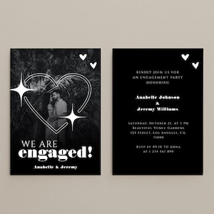Convite para festa de noivado com foto escura desbotada e coração | Convite editável elegante e moderno | Modelo personalizado para foto de casal, download instantâneo