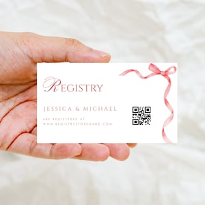 Scheda di registrazione per la festa nuziale con fiocco in nastro rosa - Scheda di registrazione per la festa nuziale con codice QR fai da te - Modello di scheda di registrazione stampabile modificabile