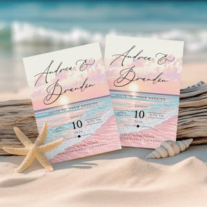 Sunset Beach Wedding Invitation – Editable Coastal Ocean Seaside Invite Template
