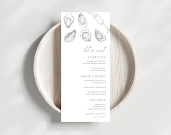 May include: A black and white printable wedding menu with a simple design featuring illustrations of oysters and a champagne flute. The menu lists the starters, main course, and dessert options for the wedding reception. The text at the bottom of the menu reads "Andrea & David 09.25.2023".