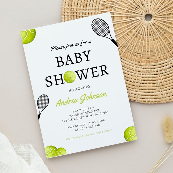 Watercolor Tennis Ball & Racket Baby Shower Invite | Tennis Themed Cute Sporty Digital Gender Neutral Boy or Girl Baby Shower Invitation