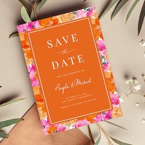 Pink Orange Wedding Save the Date Blooming Summer Garden Watercolor Floral Save the Date Invite Editable Printable Digital Template image 2